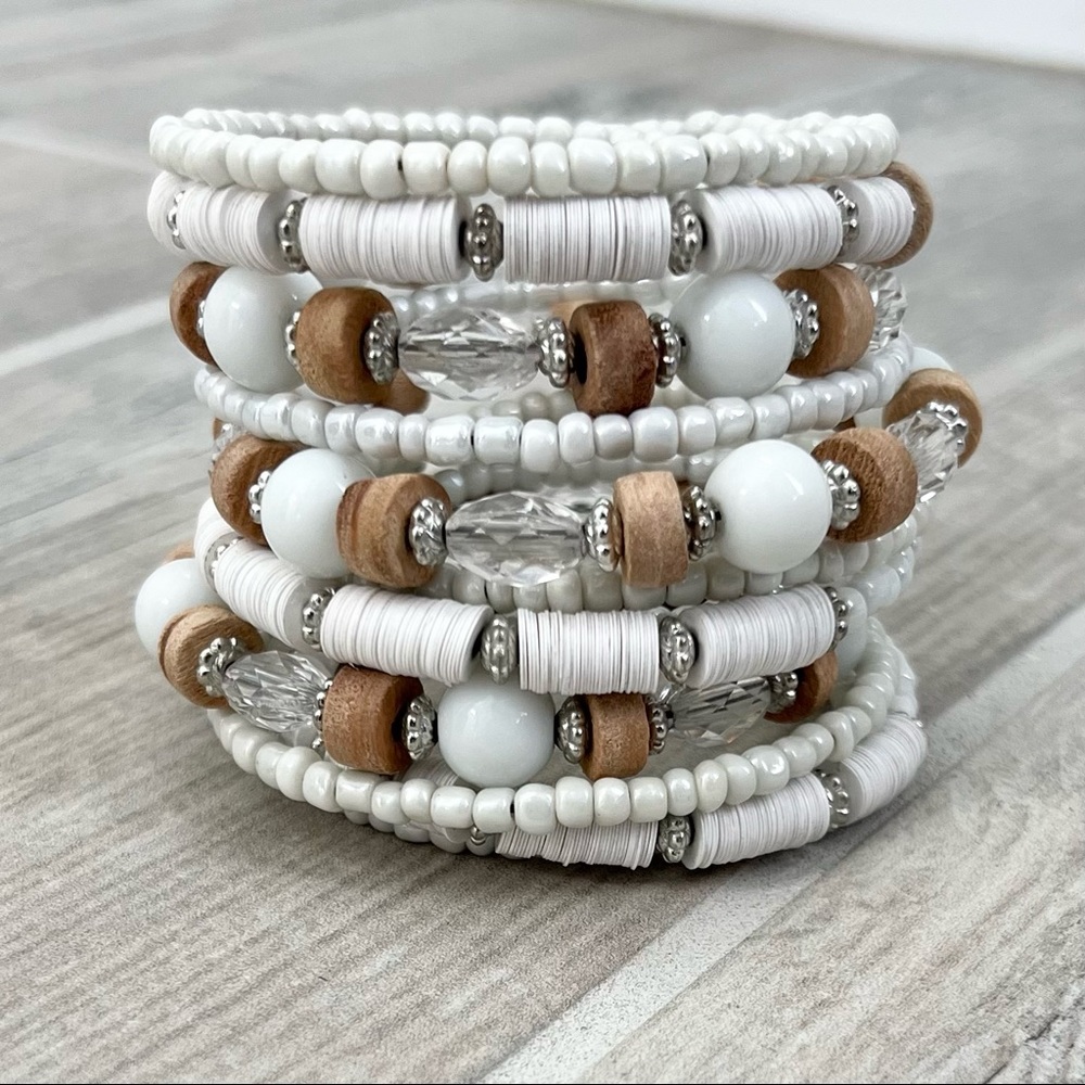 Boho White Beaded Coil Bracelet